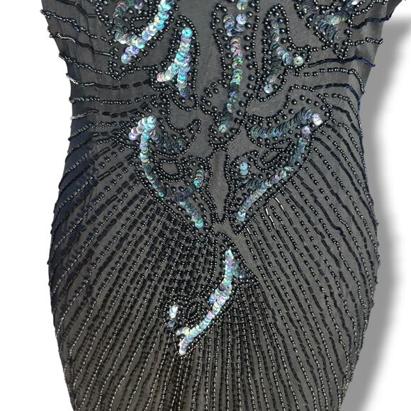 Vintage 80s Black Beaded Sequin Evening Gown Asymmetrical Hem Dress Column Maxi - Picture 4 of 10